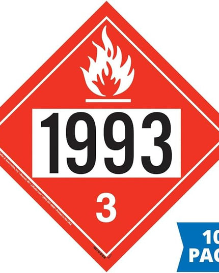 1993 Placard, Class 3 Flammable Liquid 10-pk. - 10.75" x 10.75" Removable Self Adhesive Vinyl for Temporary Applications - Complies with DOT Hazmat Placard Requirements