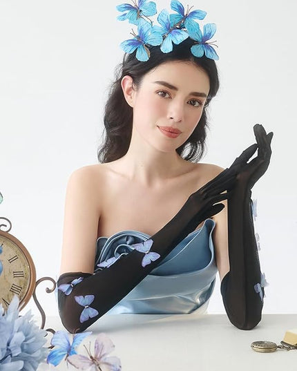 BABEYOND Lace Gloves for Women - Princess Gloves Long Stretchy Butterflies Mesh Tulle Sheer for Costume Tea Party