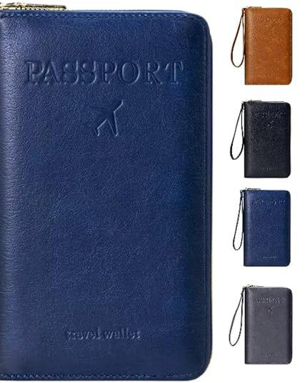 Multi-Functional RFID Passport Wallet,Travel Wallet for Men & Women,With zipper, anti-theft passport holder，Slim Leather Cover for Credit Cards, Tickets, Cash (Dark blue)