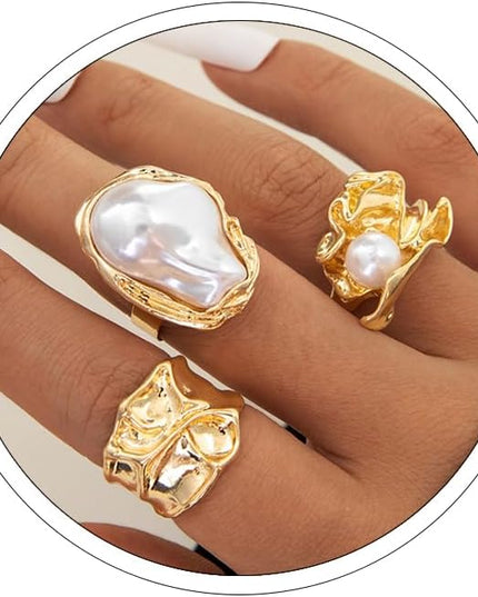 Chunky Gold Rings for Women Non Tarnish Statement Flower Ring Baroque Pearl Stackable Rings Set 6Pcs Chunky Jewelry