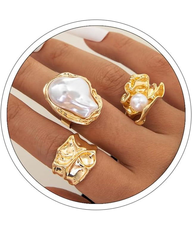 Chunky Gold Rings for Women Non Tarnish Statement Flower Ring Baroque Pearl Stackable Rings Set 6Pcs Chunky Jewelry
