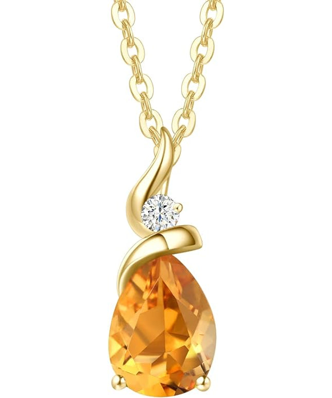 FANCIME 14K Solid Yellow Gold Birthstone Pendant Necklace for Women with Diamond Pear Shaped Teardrop Necklace Birthday Gifts for Mom Women Sterling Silver Chain 16" + 2" Extender