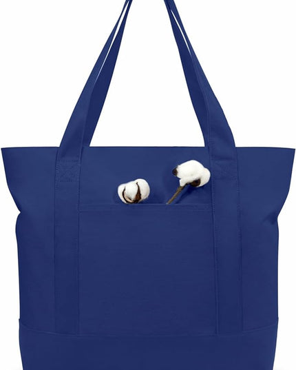 TOPDesign 1-Pack Canvas Tote Bag with an External Pocket, Reusable Grocery Shopping Bag, Top Zipper Closure, Daily Essentials (Blue)