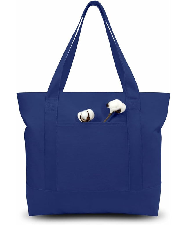 TOPDesign 30-Pack Canvas Tote Bags with an External Pocket, Reusable Grocery Shopping Bags, Top Zipper Closure, Daily Essentials (Blue)