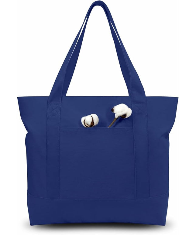 TOPDesign 3-Pack Canvas Tote Bags with an External Pocket, Reusable Grocery Shopping Bags, Top Zipper Closure, Daily Essentials (Blue)