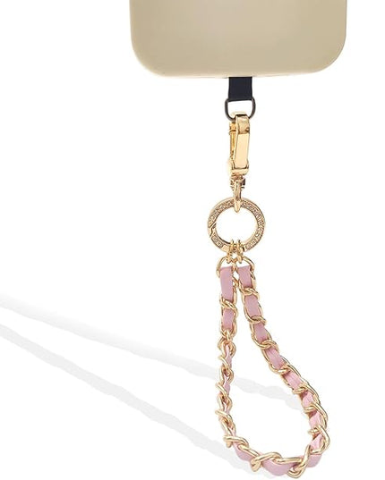 Phone Wrist Strap with Metal Chain Phone Lanyard Wrist with 2 Tether Tabs Metal Leather Cellphone Charm Phone Chain