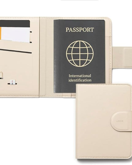 LHiDS Leatherette Passport Holder with RFID Protection, Premium PU Leather, Snap Button Closure, Travel Passport Wallet Cover for Passport, Boarding Passes, Business Cards, Cash (Apricot)