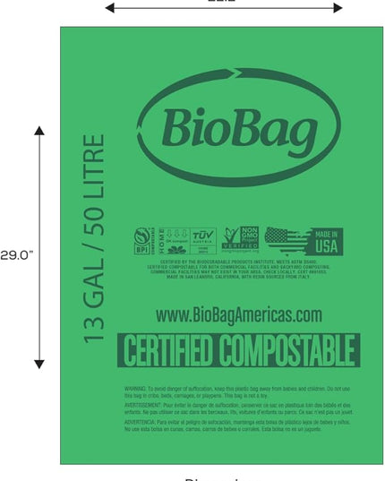 13 Gallon Tall Kitchen Compostable Trash Bags by BioBag, 48 Count, BPI Certified, Meets ASTM D6400 Standards, Made in USA, Food Scrap Bin Liners