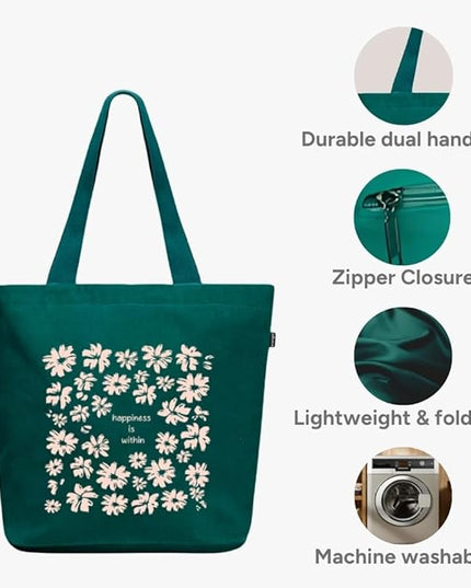 Ecoright Aesthetic Canvas Tote Bag for Women Large Zipper Tote Bags with Pocket, Womens Tote Bag for Yoga, Work, Beach