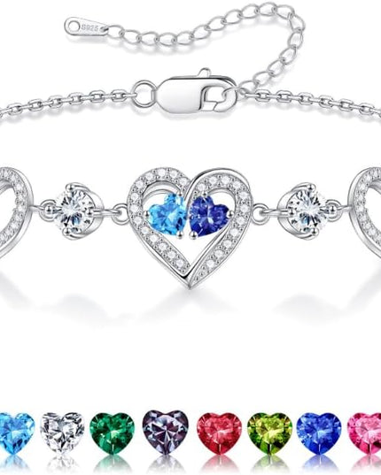 Iefil Valentines Day Gifts for Her - 925 Sterling Silver Heart Birthstone Bracelet Birthday Anniversary Jewelry Gifts for Her Wife