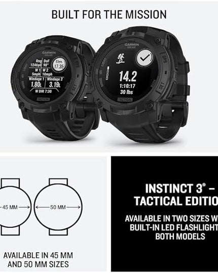 Wearable4U Garmin Instinct 3 Tactical Edition, Solar Charging Display, 45mm, Rugged Outdoor GPS Smartwatch, Applied Ballistics Support, LED Flashlight, Multi-Band GPS Black Earbuds Bundle