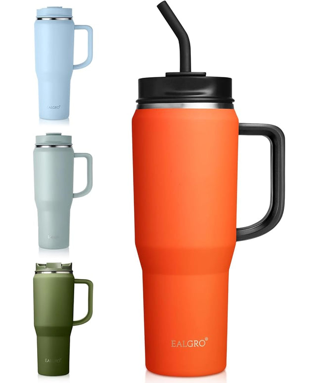 40 oz Tumbler with Handle, Insulated Tumblers with Lid and Straw, Large Metal Sports Water Bottle Jug, Thermal Stainless Steel Travel Coffee Mug Cup, Orange Red