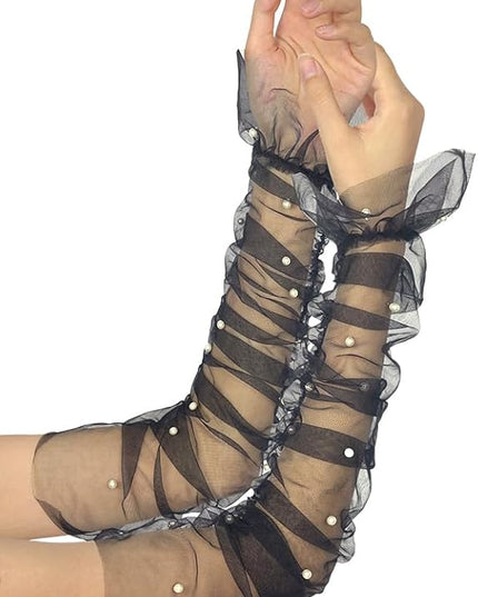 Women's Long Bridal Wedding Tulle Glove Mesh Fingerless Gloves Pearl 1920 Opera Tea Party Sheer Gloves