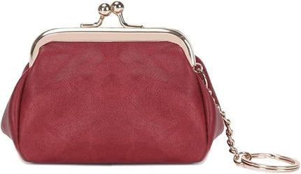 Genuine Leather Wallet Retro Kiss Lock Change Pouch Portable Coin Purse Key Case for Women Gift Box Black (Red)