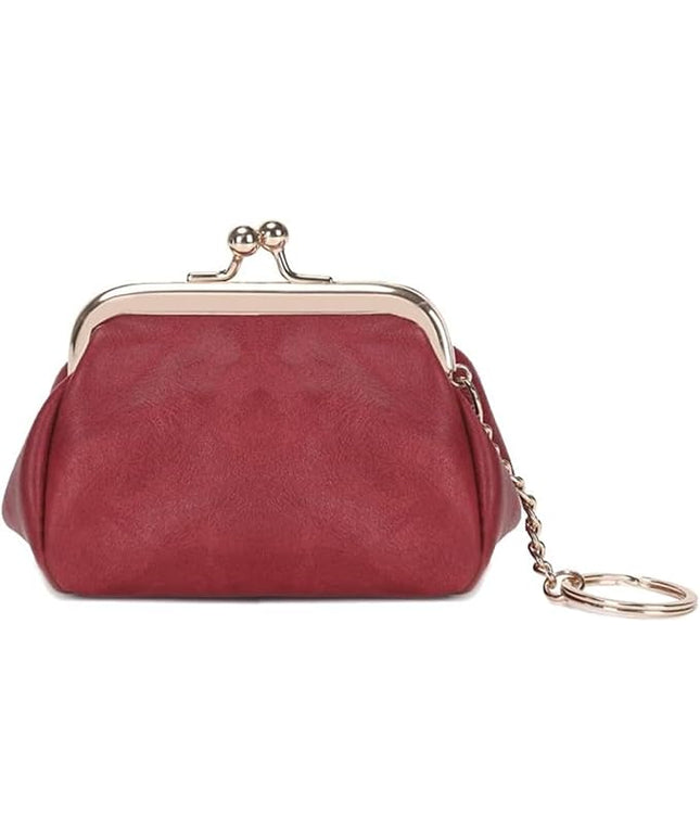 Genuine Leather Wallet Retro Kiss Lock Change Pouch Portable Coin Purse Key Case for Women Gift Box Black (Red)
