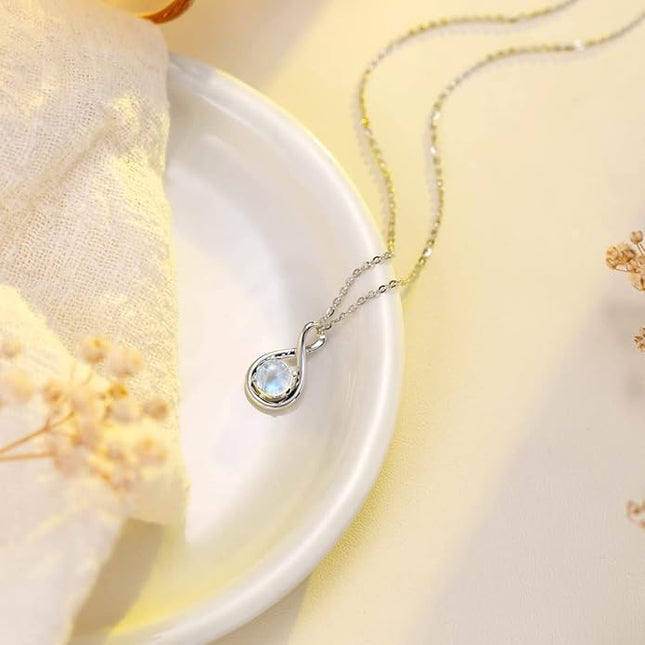 FANCIME 14K Solid Gold Birthstone Pendant with Sterling Silver Chain Infinity Gemstone Necklace Fine Jewelry Anniversary Birthday Christmas Gifts for Women Wife Her