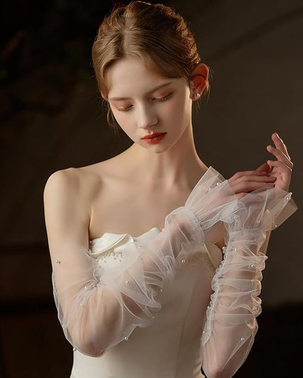 Women's Long Bridal Wedding Tulle Glove Mesh Fingerless Gloves Pearl 1920 Opera Tea Party Sheer Gloves
