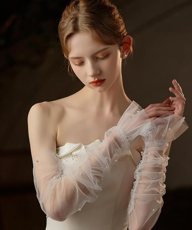 Women's Long Bridal Wedding Tulle Glove Mesh Fingerless Gloves Pearl 1920 Opera Tea Party Sheer Gloves