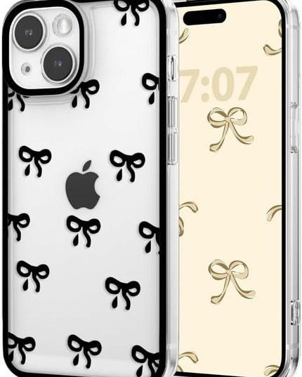 Designed for iPhone Case,Clear Cute Ribbon Bowknot Pattern Aesthetic Transparent Phone Case Raised Camera Protection Stylish Slim Soft Phone Case (Black,iPhone 15 Plus)