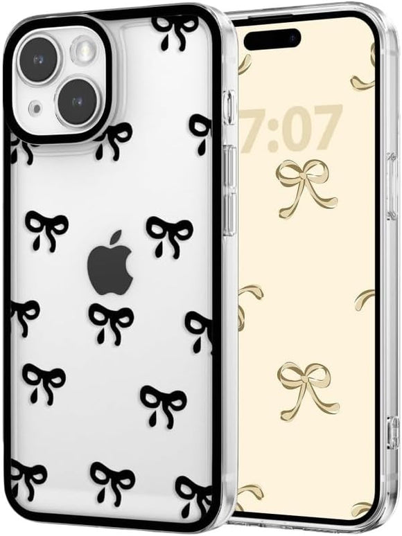 Designed for iPhone Case,Clear Cute Ribbon Bowknot Pattern Aesthetic Transparent Phone Case Raised Camera Protection Stylish Slim Soft Phone Case (Black,iPhone 13 Pro)