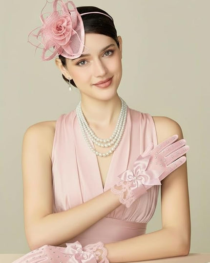 Lace Gloves for Women - Short Bow Rhinestone Tulle Sheer Sparkly Evening Stretchy Gloves for Wedding Opera Party
