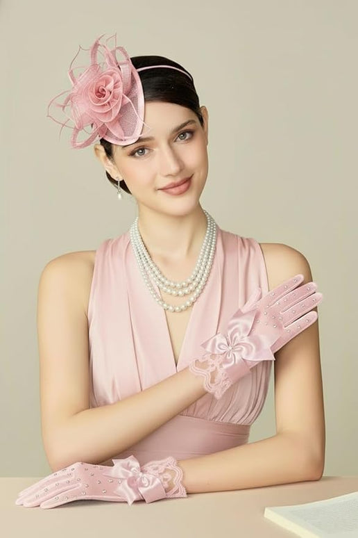 Lace Gloves for Women - Short Bow Rhinestone Tulle Sheer Sparkly Evening Stretchy Gloves for Wedding Opera Party