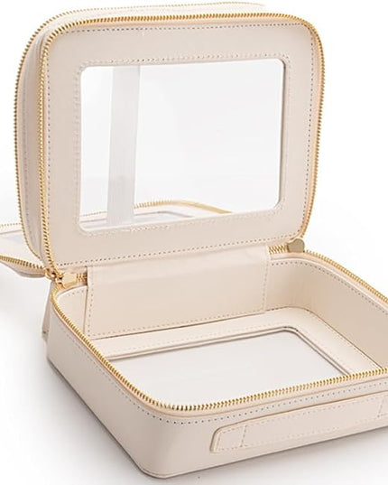 Aveniee Large Clear Makeup Bags, Double Layer Cosmetic Bags with Separate Brush Compartment, Travel Toiletry Bag Cosmetic Train Case, Travel Accessories Organizer for Women(2 Layers, White)