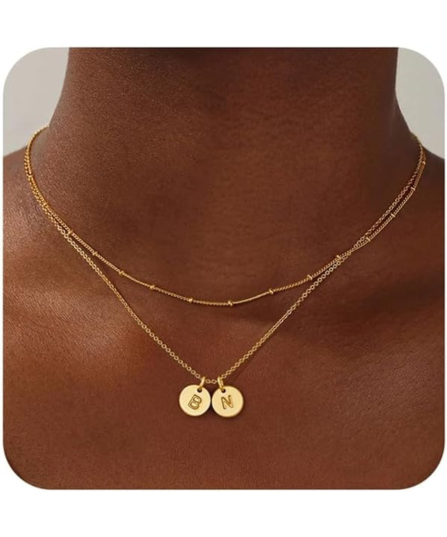 Turandoss Christmas Gifts for Grandkids - Dainty 14K Gold Plated Layered Two Letter A-Z Stack Disc Initial Necklace Trendy Birthday Personalized Gifts for Women Teen Girls Jewelry