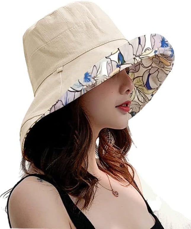 HUAMULAN Women Summer Sun Hat Wide Brim Wired Edge Floral Beach Bucket Hats Reversible Foldable Travel UV Protection Lady Hat