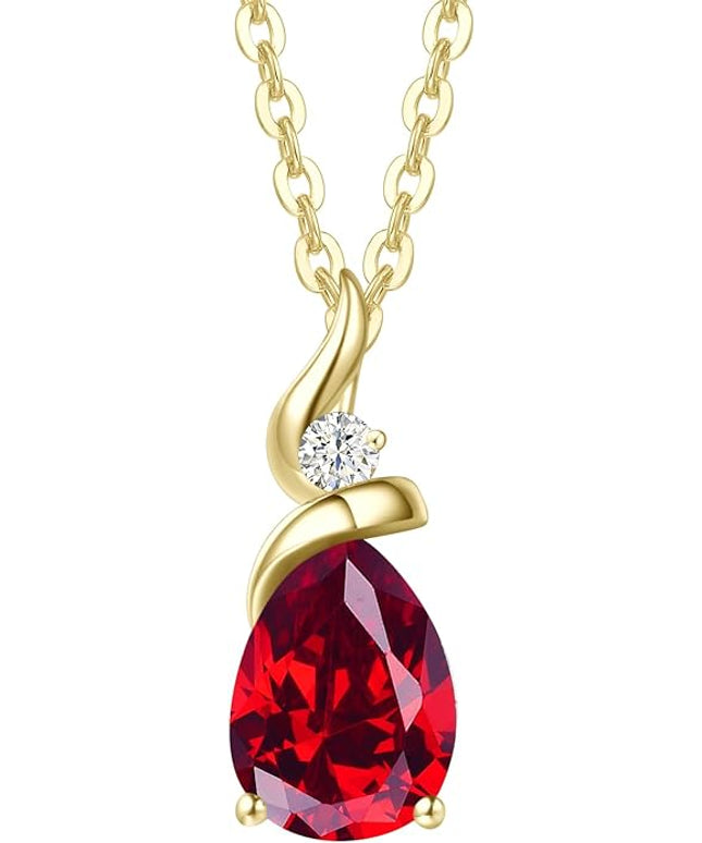 FANCIME 14K Solid Yellow Gold Birthstone Pendant Necklace for Women with Diamond Pear Shaped Teardrop Necklace Birthday Gifts for Mom Women Sterling Silver Chain 16" + 2" Extender