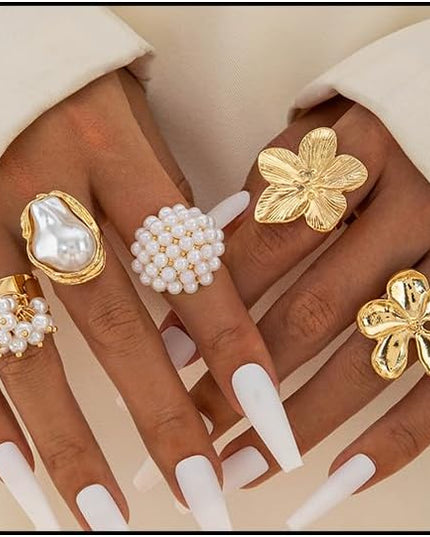 Chunky Gold Rings for Women Non Tarnish Statement Flower Ring Baroque Pearl Stackable Rings Set 6Pcs Chunky Jewelry