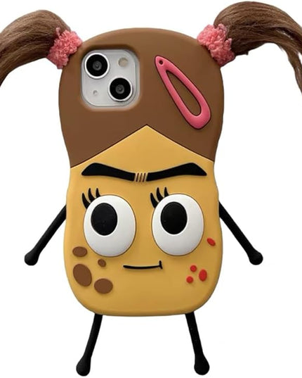 Case Compatible with iPhone 13,Cute 3D Kawaii Funny Braided Ugly Girl Cartoon Cover with Keychain Soft Silicone Gel Drop Protector Women Girls