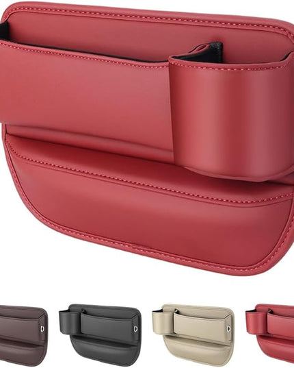 Car Leather Cup Holder Gap Bag,2025 Upgrade Car Storage Box with Cup Holder,Seat Storage Box Gap Filler Organizer for Glasses Phone Keys and Cards (Red, Passenger Seat)