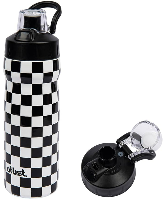 Magnetic Water Bottle with Straw 18 oz - Stainless Steel Insulated Tumbler for Gym & Bike (Fits Holders) - Leak Proof Pop-Up Lid, 2-in-1 Sip or Chug, Handle & Cute Black Checkered Print