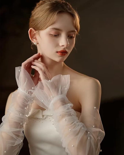 Women's Long Bridal Wedding Tulle Glove Mesh Fingerless Gloves Pearl 1920 Opera Tea Party Sheer Gloves