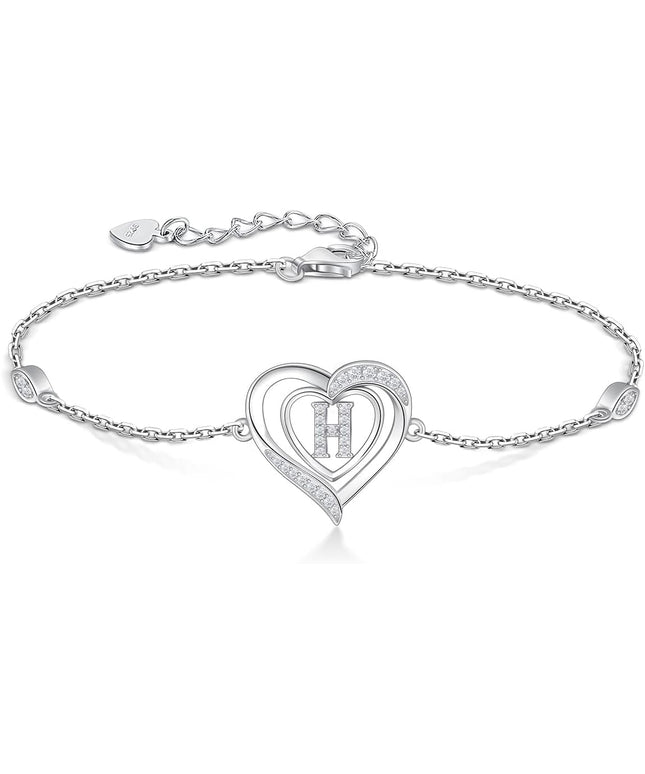RIVIKO Heart Initial Bracelets for Women,925 Sterling Silver Letter Bracelets, Personalized Charm Alphabet Jewelry Valentines Christmas Mother’s Day Birthday Gifts for Women Friend Her Mom Wife Lady
