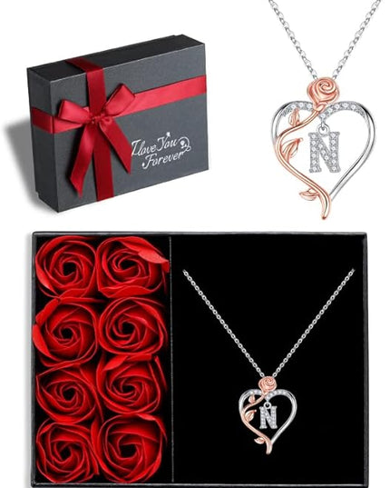 Iefil Christmas Gifts for Women Wife - 925 Sterling Silver Rose Heart Initial Necklace, Anniversary Birthday Gifts for Women, Jewelry Gift for Her Wife Girlfriend Mom Daughter