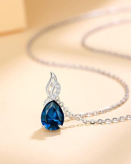 FANCIME 14K Solid White Gold Teardrop Pendant with Diamond Birthstone Necklace