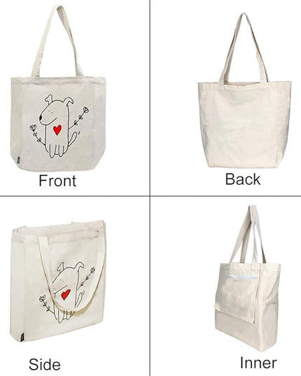 Canvas Tote Bag with 3 Inner Pocket Cotton Heavy Duty Gusseted Shopping Bag for Weekend Overnight School Book (Cute Dog)