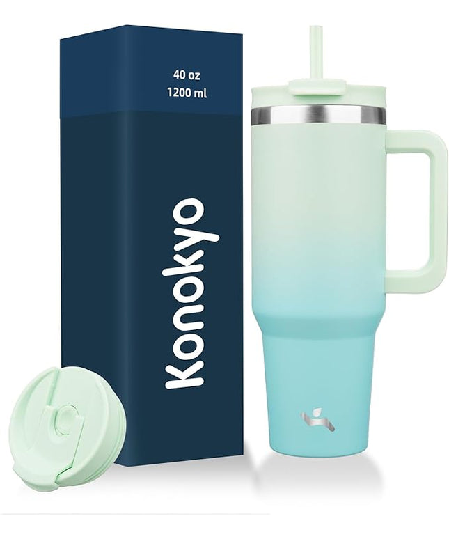 40 oz Tumbler with Handle and 2 Straws,2 in 1 Lid Insulated Water Bottle Stainless Steel Travel Coffee Mug,Mint