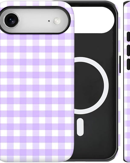 Magnetic for iPhone 17 Air Case Cute Checkered Stripes Phone Case for Women Girls, Shockproof Slim TPU and Hard PC Protective Phone Cover Compatible with MagSafe Designed, Purple