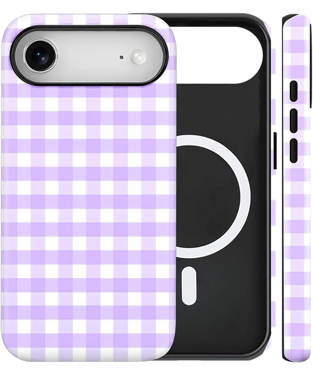 Magnetic for iPhone 17 Air Case Cute Checkered Stripes Phone Case for Women Girls, Shockproof Slim TPU and Hard PC Protective Phone Cover Compatible with MagSafe Designed, Purple