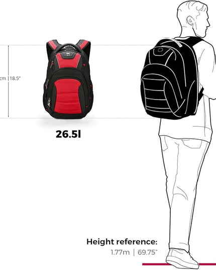 Swissdigital Design Men's Laptop Backpack for College and Business Travel with Integrated USB Charging Port and RFID Protection Fits 15.6" Laptops Black/Red | J14-41