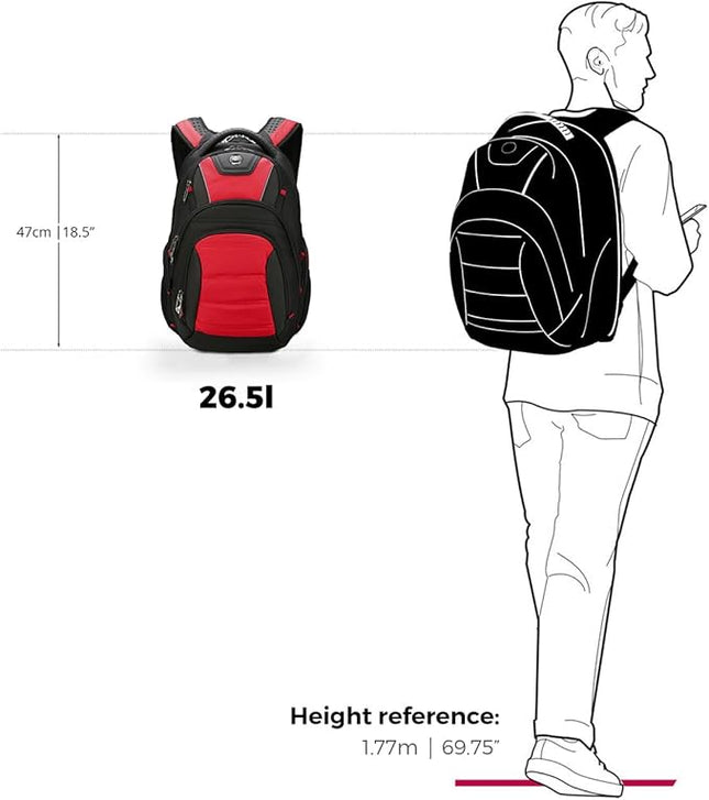 Swissdigital Design Men's Laptop Backpack for College and Business Travel with Integrated USB Charging Port and RFID Protection Fits 15.6" Laptops Black/Red | J14-41