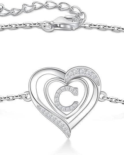 RIVIKO Heart Initial Bracelets for Women,925 Sterling Silver Letter Bracelets, Personalized Charm Alphabet Jewelry Valentines Christmas Mother’s Day Birthday Gifts for Women Friend Her Mom Wife Lady