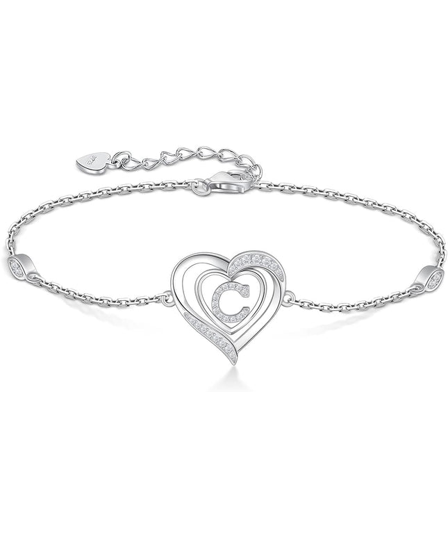 RIVIKO Heart Initial Bracelets for Women,925 Sterling Silver Letter Bracelets, Personalized Charm Alphabet Jewelry Valentines Christmas Mother’s Day Birthday Gifts for Women Friend Her Mom Wife Lady