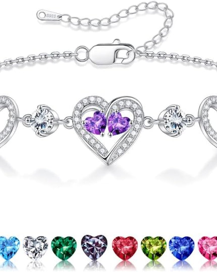 Iefil Valentines Day Gifts for Her - 925 Sterling Silver Heart Birthstone Bracelet Birthday Anniversary Jewelry Gifts for Her Wife