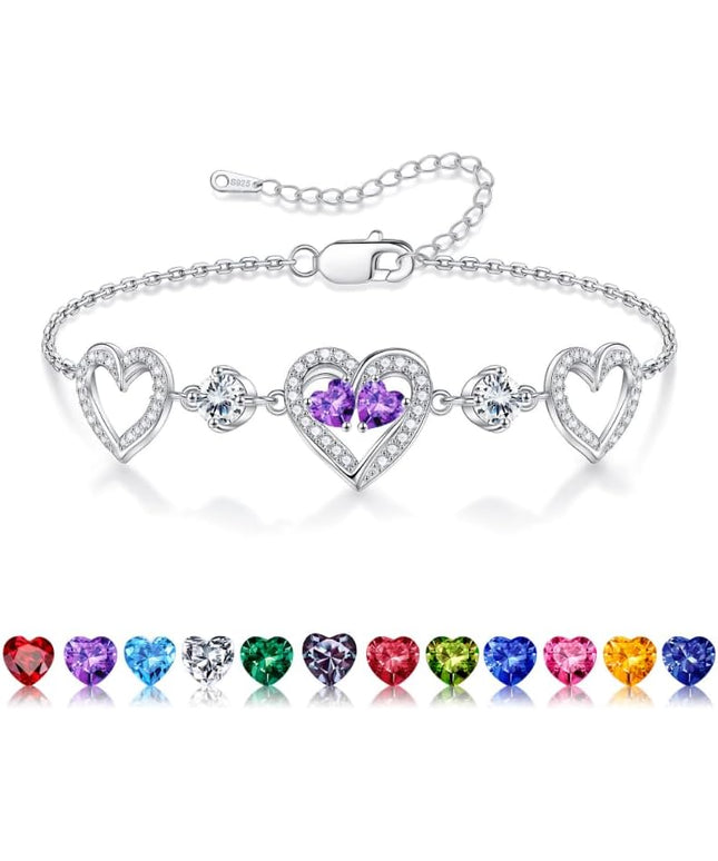 Iefil Valentines Day Gifts for Her - 925 Sterling Silver Heart Birthstone Bracelet Birthday Anniversary Jewelry Gifts for Her Wife