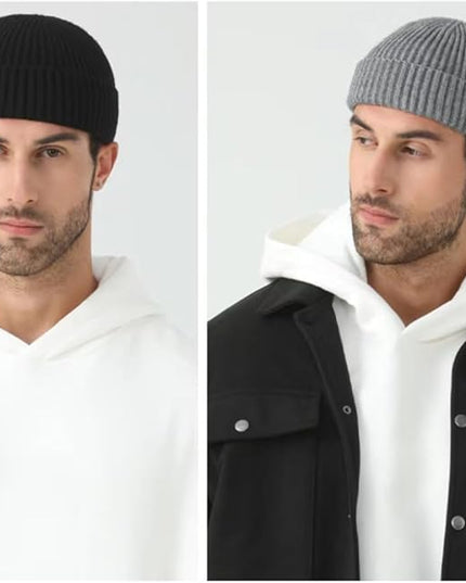 3 Pack Wool Fisherman Beanies for Men, Short Knit Watch Cap Cuffed Trawler Hats