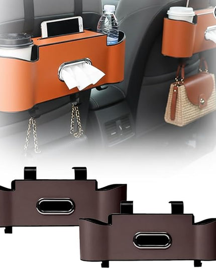 3-in-1 Car Backseat Organizer, 2026 New Multifunctional Back Seat Car Organizer with Cup Holder, Tissue Box, Trash Bin & Hooks for Hold Phones, Snacks, Drinks, Handbags (2, Brown)